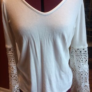 WHBM very soft, white top with lace bell sleeves